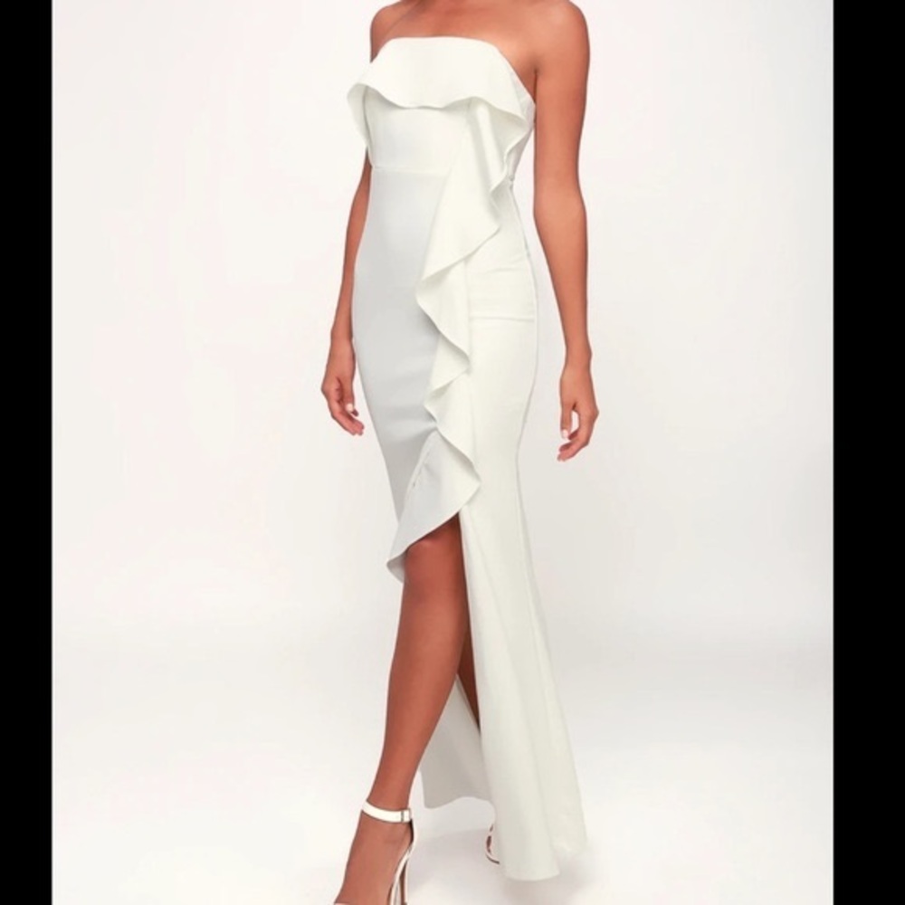 Lulus White Strapless Ruffled Dress w/ Slit